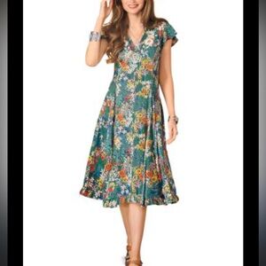 V Neck Floral Midi Dress with Cap Sleeve and Embroidered Detail